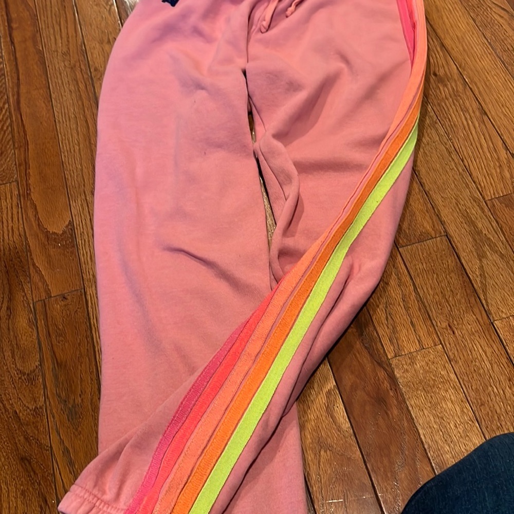 Salmon pink 5 stripe Aviator nation sweatpants. Good condition.